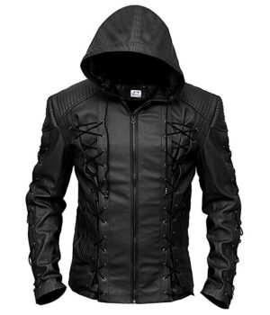 Faux Leather Slim Fit Hooded Leather Jacket for Men - Inspired by Stephen Amell Green Arrow & Roy Harper Red Arrow
