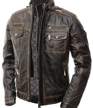 Moffit Brown Mens Distressed Leather Motorcycle Jacket