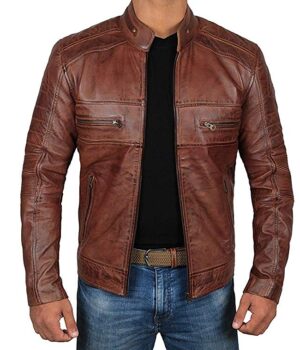 Brown Perforated Oxblood Leather Jacket Mens