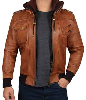 Edinburgh Brown Leather Bomber Jacket With Hood