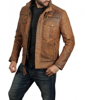 Moffit Light Brown Distressed Leather Motorcycle Jacket