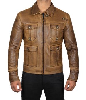 Mens Distressed Cognac Vintage Leather Jacket