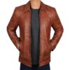 Reeves Brown Shirt Collar Front Zip Men Stylish Pebbled Leather Jacket