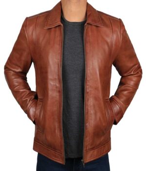 Reeves Brown Shirt Collar Front Zip Men Stylish Pebbled Leather Jacket