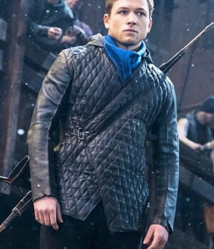 Robin Hood Taron Egerton Quilted Black Hoodie Leather Jacket