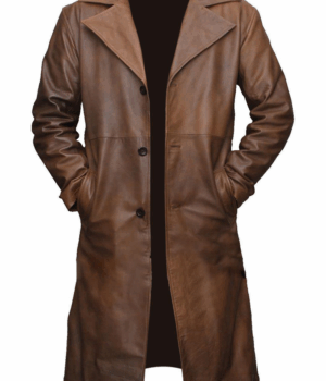 Jackson Mens Wide Lapel Genuine Waxed Brown Leather Trench Coat