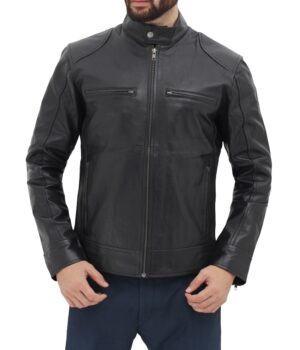 Dodge Black Mens Leather Racer Jacket