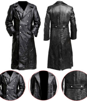 German Classic Officer Black Leather Trench Coat