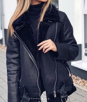 ZARA BLACK FAUX LEATHER SHEARLING FUR DOUBLE FACED BIKER JACKET AVIATOR COAT NEW