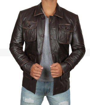 Atlanta Rough Four Button Pockets Man Distressed Brown Leather Jacket