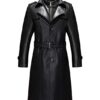 Mens Double Collar Long Trench Coat Long PU Leather Jacket