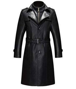 Mens Double Collar Long Trench Coat Long PU Leather Jacket