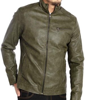 Men's Stand Collar Leather Jacket Motorcycle Lightweight Army Green Leather Jacket