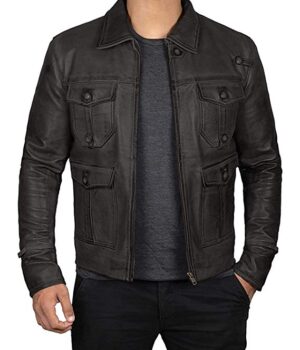 Mens Expendable Vintage Four Pockets Distressed Black Leather Jacket