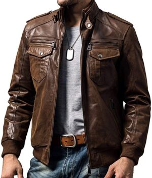 Men Biker Retro Dark Brown Leather Motorcycle Jacket Genuine Leather Jacket