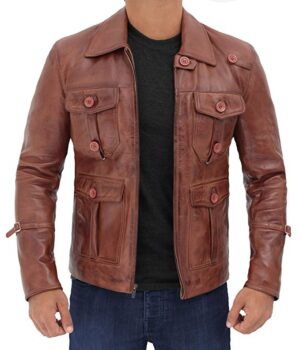 Mens Expendable Vintage Four Pockets Distressed Brown Leather Jacket