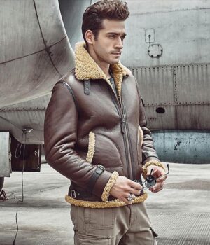 Aviator B3 sheepskin jacket for men, motorcycle jacket, winter leather jacket, brown leather jacket for men