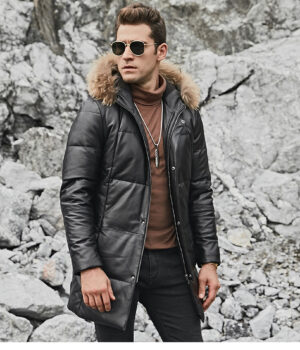 Lambskin down jacket for men with raccoon fur hood