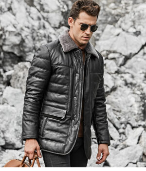 Real leather down jacket for men warm winter black lambskin jacket genuine leather with sheepskin collar coat
