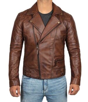 Frisco Quilted Sleeves Asymmetrical Rustic Brown Brando Motorcycle Leather Jacket