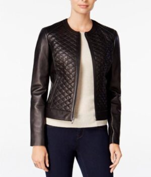 Collarless Women Black Quilted Jacket