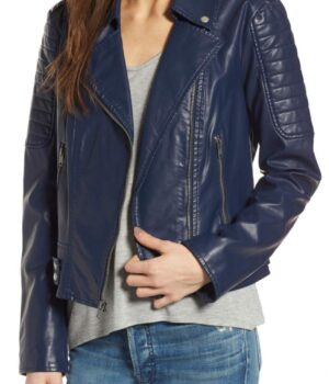 Women Blue Asymmetrical Style Biker Jacket