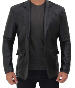 Brandon Black Shiny Mens Leather Blazer Jacket