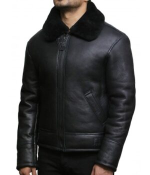 Mens Air Force Leather Bomber Jacket Fur Collar Black
