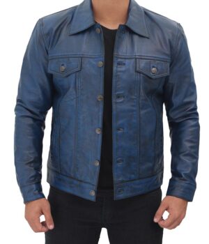 Mens Blue Leather Trucker Jacket