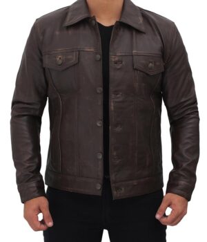 Real Leather Dark Brown Trucker Jacket Mens