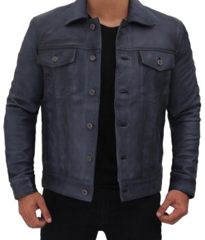 Grayish Blue Leather Trucker Jacket Mens