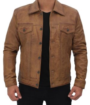 Mens Leather Tan Trucker Jacket