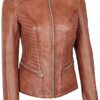 Womens Lambskin Leather Cognac Brown Fitted Jacket