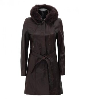 Prato Hooded Dark Brown Faux Fur Collar Leather Coat Womens