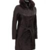 Prato Hooded Dark Brown Faux Fur Collar Leather Coat Womens