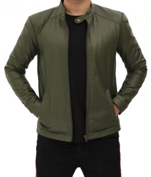 Fano Mens Olive Green Leather Biker Jacket