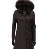 Prato Hooded Dark Brown Faux Fur Collar Leather Coat Womens