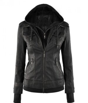 Tralee Charcoal Black Womens Hooded Leather Jacket