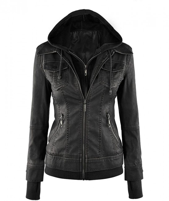 ladies hooded leather coat