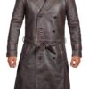 Mens Rorschach Distressed Brown Travelling Winter Long Trench Leather Coat
