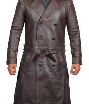 Mens Rorschach Distressed Brown Travelling Winter Long Trench Leather Coat