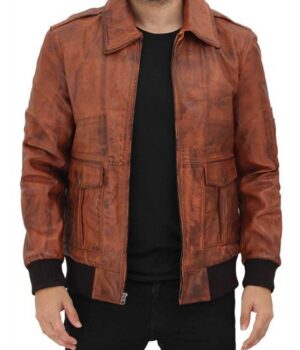 Howard Tan Leather Distressed Bomber Jacket