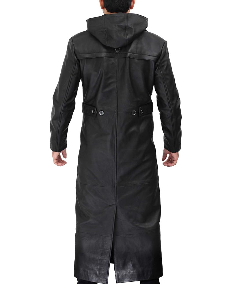 Gravel Mens Black Long Leather Hooded Coat Gravel Mens Black Long Leather Hooded Coat