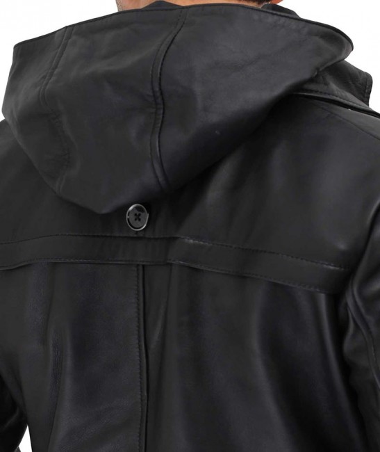 Gravel Mens Black Long Leather Hooded Coat Gravel Mens Black Long Leather Hooded Coat