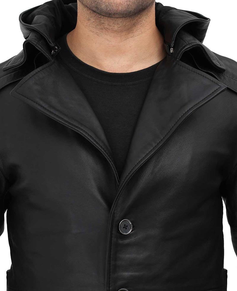 Gravel Mens Black Long Leather Hooded Coat Gravel Mens Black Long Leather Hooded Coat