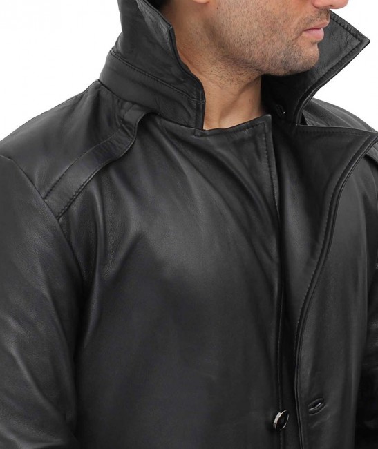 Gravel Mens Black Long Leather Hooded Coat Gravel Mens Black Long Leather Hooded Coat