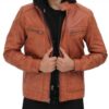 Edward Mens Tan Leather Jacket with Hood