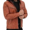 Edward Mens Tan Leather Jacket with Hood