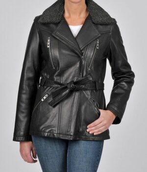 Lois Womens Fur Collar Black Leather Belted Jacket