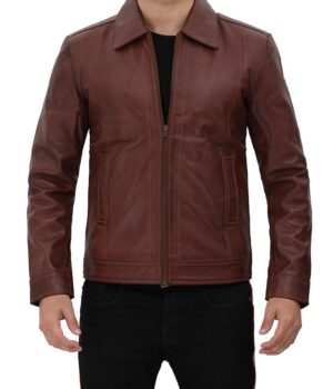 Reeves Dark Brown Shirt Collar Front Zip Men Stylish Pebbled Leather Jacket